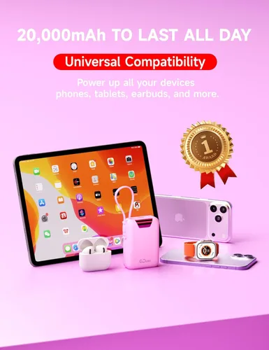 Miniatura 2 de Cargador portátil M2, banco de energía de 20000 mAh, PD 35 W, cable integrado USB-C ultra rápido, compacto y bonito, mini batería externa