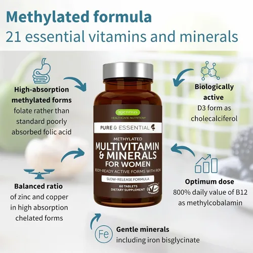 Miniatura 3 de Igennus Multivitamínico Metilado de Alta Potencia para Mujeres, Ingredientes Puros y Limpios, Suplemento MTHFR con Vitaminas B Activas, Vitamina K2