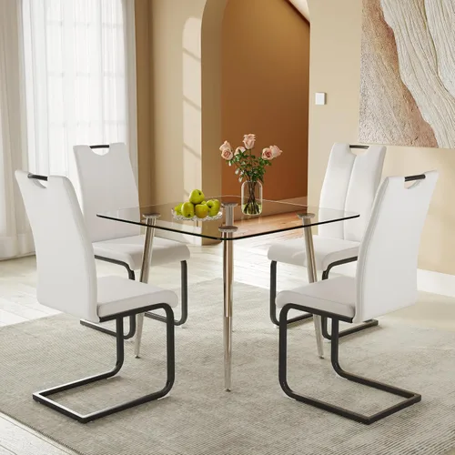 Miniatura 11 de Juego de mesa de comedor cuadrada de vidrio de 36 pulgadas con 4 sillas tapizadas de piel sintética con respaldo alto, diseño moderno de patas