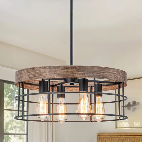 Miniatura 12 de Candelabro industrial de granja de 19.7 pulgadas, 4 luces, estilo rústico, con textura de grano de madera y pantalla de metal negro para comedor