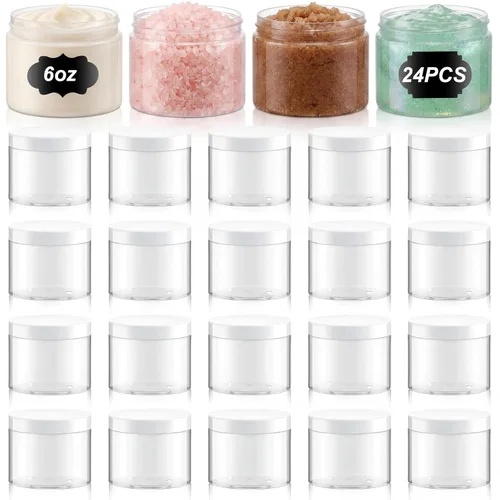 Miniatura 38 de Dandat 24 piezas 8 oz botes de plástico con tapa y etiqueta. Recipientes de muestra de cosméticos redondos ámbar PET recargables y vacíos para Ámbar