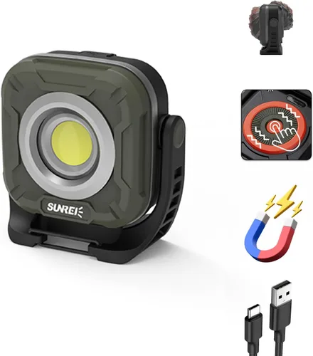 SUNREI Luz de Trabajo Magnética LED de 1300LM con Atenuación Sin Escalones, Linterna Mecánica COB de 7800mAh, Reflector Recargable IPX65 con Gancho,