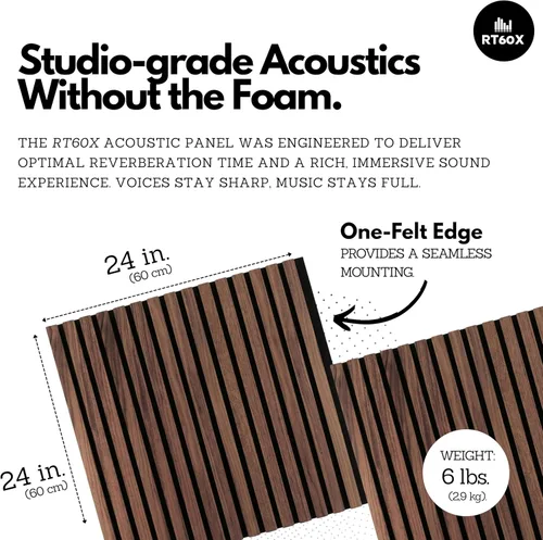 Miniatura 2 de Paquete de 4 paneles de madera acústica RT60X Pro, 24 x 24 pulgadas, paneles de reducción de ruido y absorción de sonido para estudio en casa, Mocha