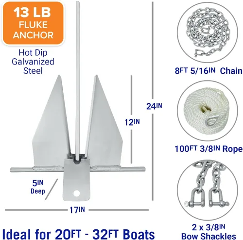 Miniatura 6 de Kit de anclaje para lancha pesada Fluke Anchor con cadena de anclaje y cuerda de anclaje para lancha para incluir anclajes de barco para barcos