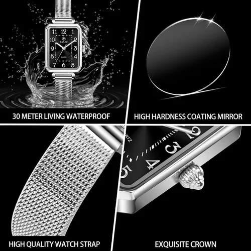 Miniatura 5 de Reloj cuadrado para mujer, pulsera de malla de acero inoxidable, rectangular, reloj de vestir para mujer, reloj de pulsera analógico de cuarzo
