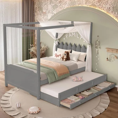 Miniatura 10 de Bellemave Base de cama con dosel de tamaño individual con cabecera tapizada princesa, nido doble extraíble y 3 cajones de almacenamiento, cama
