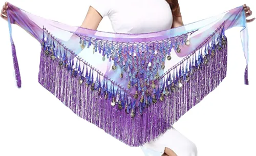 Miniatura 4 de LauthenS Pañuelo de danza del vientre con borlas de lentejuelas monedas triangulares falda envolvente para festivales de música