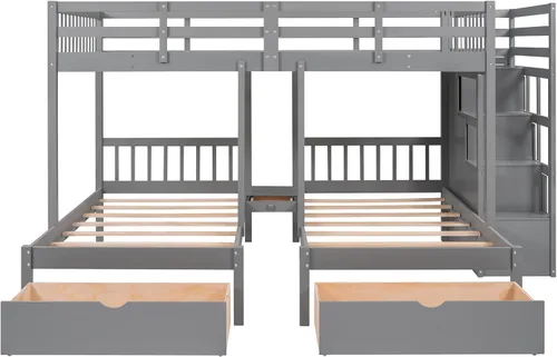 Miniatura 8 de Literas de tamaño matrimonial sobre individual e individual, litera triple de madera con cajones de almacenamiento, barandillas y escalera para 3
