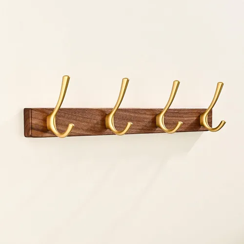 Miniatura 17 de Perchero de pared pequeño de madera de nogal de 17.3 pulgadas con 4 ganchos, colgador de chaquetas de madera resistente montado en puerta