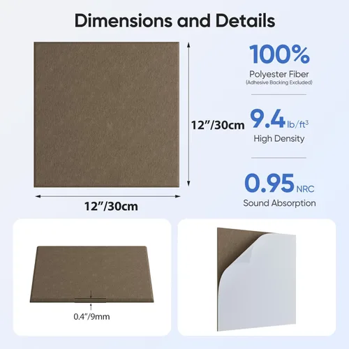 Miniatura 3 de Paquete de 12 paneles acústicos de 12 x 12 x 0.4 pulgadas para absorción de sonido de pared, panel de sonido cuadrado autoadhesivo de alta densidad