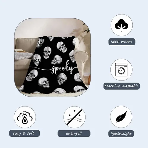 Miniatura 5 de Manta de calavera negra de Halloween, ligera, mullida, de felpa, para bebé, mascotas, niños pequeños, manta decorativa para sofá cama, 30 x 40