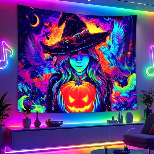 Miniatura 23 de BVBOX Tapiz de Halloween con luz negra, reactivo a los rayos UV que brilla en la oscuridad, póster de tapiz trippy con luz negra para sala de estar