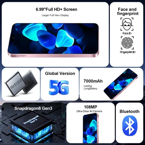 Miniatura 5 de Teléfono celular 16PROMA X 5G, teléfono celular desbloqueado, 16 GB+512 GB/pantalla de 6.99 pulgadas/cámara de 68 MP+108 MP/batería de 7000 mAh