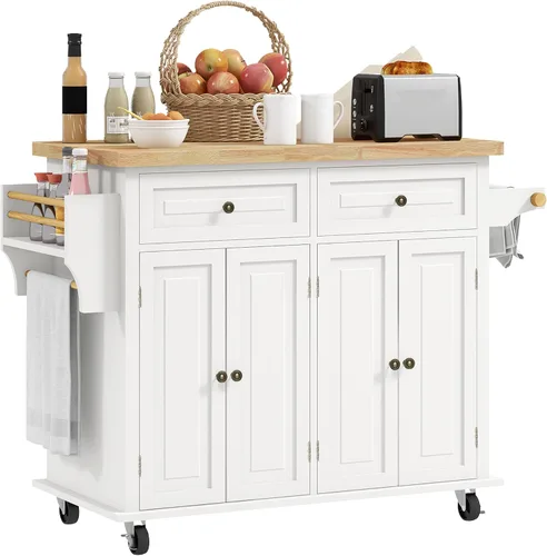 Miniatura 10 de HOMCOM Carrito de Isla de Cocina con Superficie de Madera de Caucho, Mesa de Isla de Cocina Rodante sobre Ruedas con Cajones, Estantes Ajustables