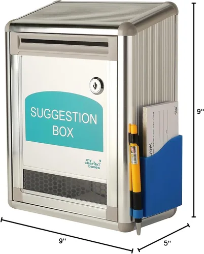 Miniatura 4 de MCB - Urna de metal de aluminio para sugerencias de oficina, caja de donación de colección benéfica con ventana, caja de comentarios con bolígrafo