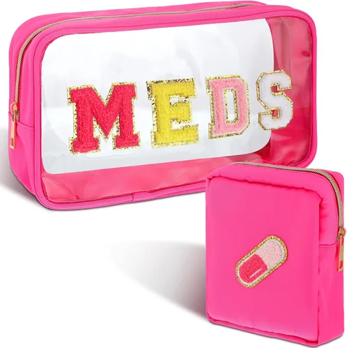Hillban 2 bolsas medicinales de chenilla con parche de letras, bolsas de viaje, de nailon transparente, bolsas de maquillaje portátiles con