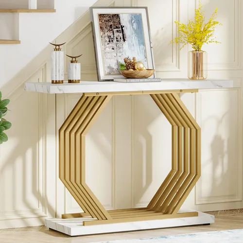 Miniatura 6 de LITTLE TREE Mesa consola dorada de 40 pulgadas, mesa de entrada de mármol sintético, mesa de sofá estrecha, mesa decorativa moderna para sala