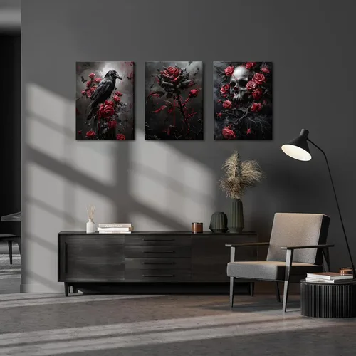 Miniatura 8 de Juego de 3 lienzos góticos para pared, diseño de rosas románticas de Halloween, decoración de pared, pósteres de calavera de cuervo gótico oscuro