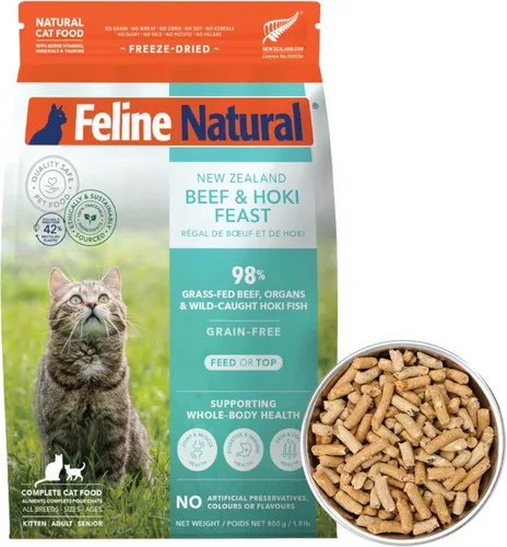 Miniatura 17 de Alimento para gatos seco de alta proteína de Feline Natural, dieta liofilizada con 98% carne, órganos y mariscos, sin guisantes, granos o aditivos