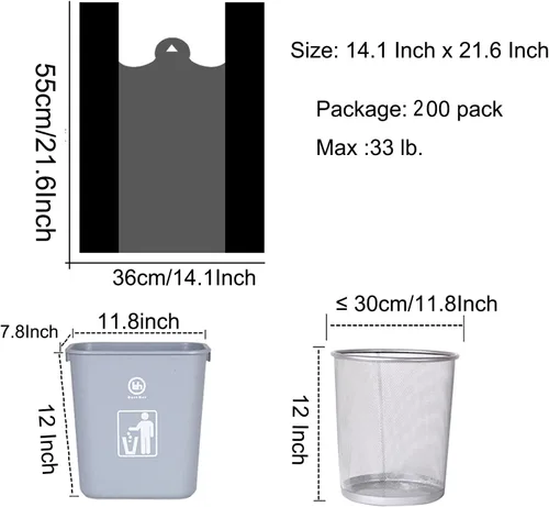 Miniatura 4 de 200 bolsas de basura de cocina y bolsa de basura negra de 1.8 mil de grosor con asas, 14 x 21.6 pulgadas, 3-4 galones, para pícnic, cocina, uso