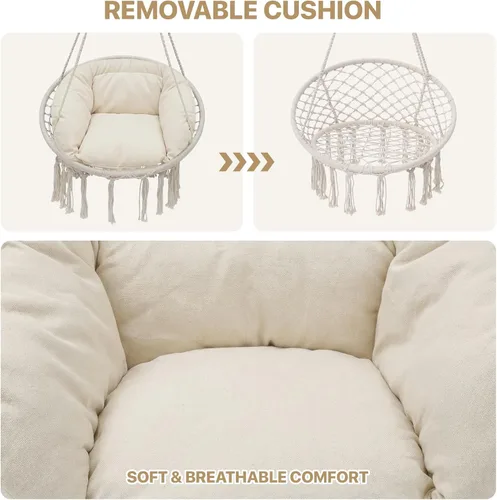 Miniatura 3 de Monibloom Silla hamaca colgante, silla columpio de macramé con cojín, capacidad de 350 libras para adultos y adolescentes, para porche al aire Beige