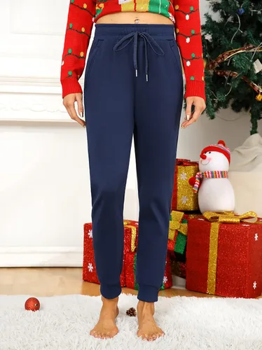 Miniatura 29 de MOUEEY Pantalones deportivos súper cálidos con forro de sherpa para mujer, pantalones deportivos de forro polar con bolsillos con cremallera