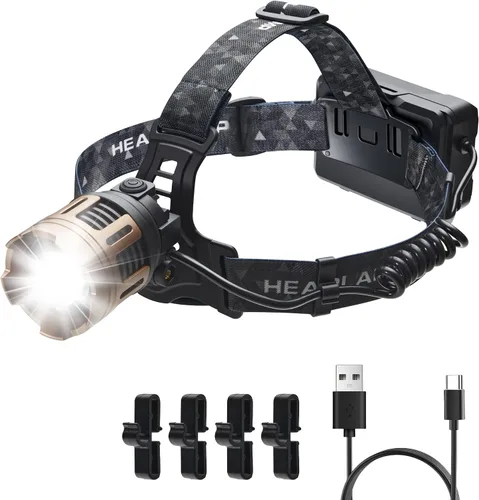 Linterna frontal LED recargable, 2000 lúmenes, ajustable a 90°, impermeable IP68, 5 modos de luz con sensor, zoom, cable de carga USB y clips