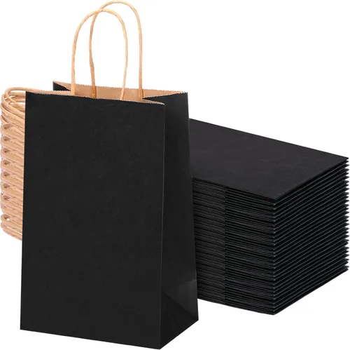OUTUXED 60 bolsas de regalo de papel negro de 5.25 x 3.2 x 8 pulgadas con asas, pequeñas bolsas de regalo a granel para compras, cumpleaños, bodas,