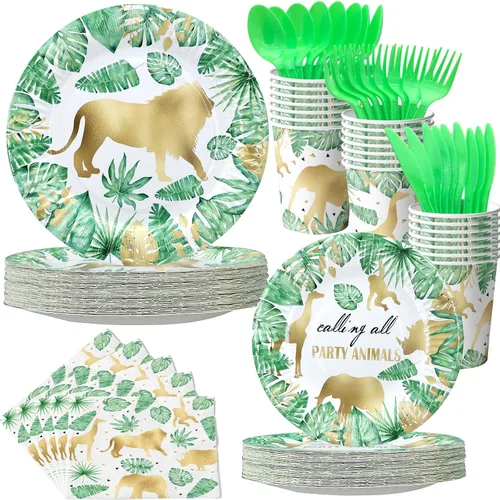 Recuerdos de fiesta de safari dorados, suministros de fiesta de cumpleaños con temática de safari dorado (vajilla SAFARI)