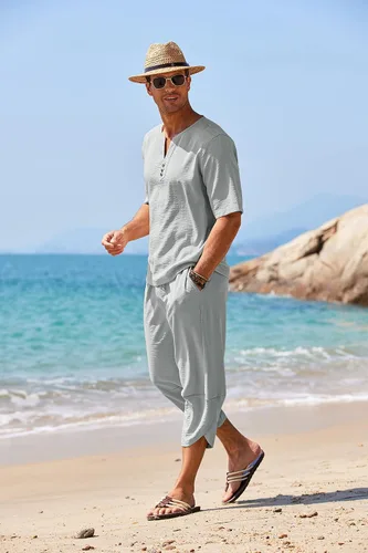 Miniatura 3 de COOFANDY Conjunto de 2 piezas de lino para hombre, camisa Henley de manga corta y pantalones capri harén, pierna ancha, holgados, pantalones de yoga
