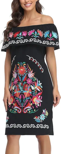 Miniatura 5 de YZXDORWJ Vestido bordado mexicano para mujer cuello con volantes sin mangas
