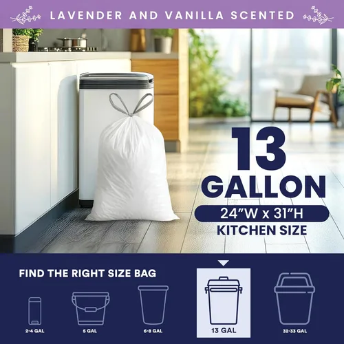 Miniatura 3 de Plasticplace Bolsas de basura blancas con cordón de 13 galones │ 1.2 mil │ Bolsas de basura con aroma a lavanda y vainilla suave │ 24 x 31 pulgadas