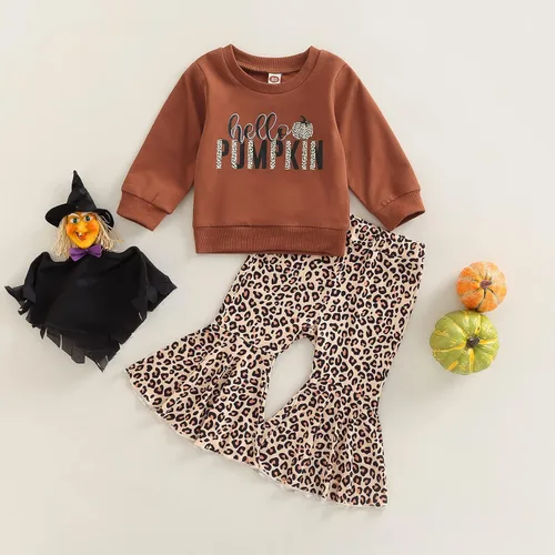 Miniatura 2 de AEEMCEM Conjunto de ropa de Halloween para bebé niña, sudadera con estampado de letras de Hello Pumpkin y pantalones acampanados de leopardo