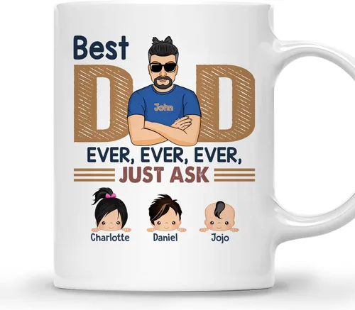 Miniatura 15 de Gossby Taza de café personalizada con texto en inglés "Best Dad Ever" (2 niños) – Taza de papá para papá, esposo – Taza personalizada de 11 onzas