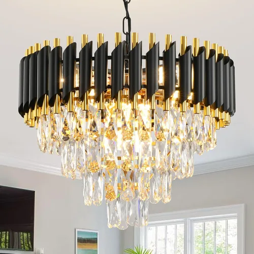 Miniatura 18 de Candelabro de cristal moderno dorado de 5 niveles para sala de estar, lámpara de araña grande de cristal negro, lámpara colgante de techo