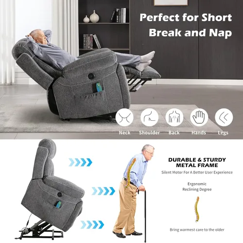 Miniatura 5 de IOMOR Silla reclinable grande para personas mayores con masaje y calor, sofá reclinable eléctrico con 2 portavasos, bolsillo lateral y puerto