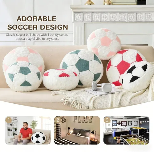 Miniatura 4 de Cojín redondo de fútbol de fútbol, suave y esponjoso, almohada decorativa de felpa para decoración de habitación (negro, 12 pulgadas)