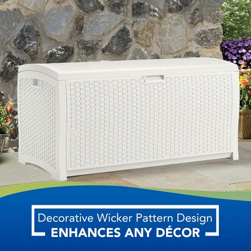 Miniatura 4 de Suncast Caja de almacenamiento de mimbre de resina de 99 galones para patio, contenedor de almacenamiento al aire libre resistente al agua blanco