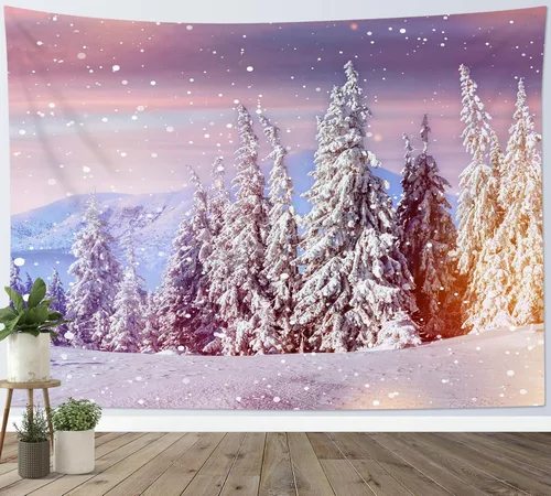 Miniatura 26 de LB Tapiz de Bosque de Nieve de Invierno, Pino Negro y Verde con Copo de Nieve Blanco Tapiz de Pared para Dormitorio, Arte de Pared de Paisaje