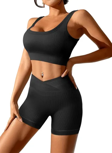 Miniatura 4 de JZC Conjuntos de entrenamiento para mujer, 2 piezas, acanalados, sin costuras, pantalones cortos de cintura alta, trajes de yoga