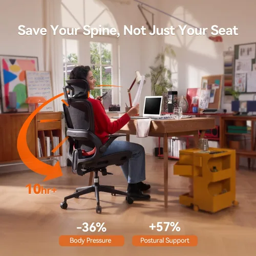 Miniatura 5 de SIHOO B100 Office Chair, Ergonomic Office Chair Without Footrest, Computer Chair with Wide Headrest & Adaptive Lumbar Support, Flip-up Armrests