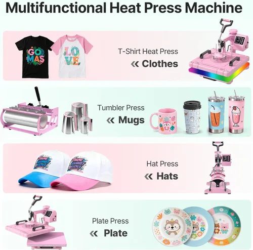 Miniatura 6 de Slendor - Máquina de prensa de calor 8 en 1, 15x15 pulgadas, giro de 360 grados, prensa digital para camisetas, máquina multifunción de Rosa