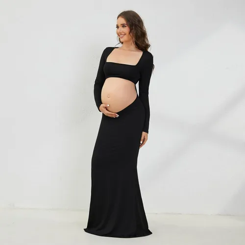 Miniatura 7 de AIFOTO Vestido de maternidad sexy expuesto vientre de manga larga sin espalda cuello cuadrado recortado vestidos de fotografía vestidos de sesión