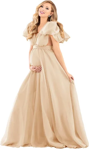 Vivymaku Vestido de maternidad de gasa con cuello en V para sesión de fotos, maternidad, embarazo, baby shower, vestido hinchado transparente