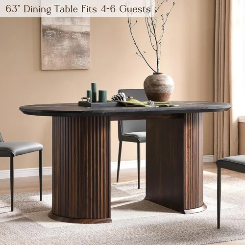 Miniatura 3 de T4TREAM Mesa de comedor ovalada acanalada de 63 pulgadas para 4-6, mesa de cocina moderna de mediados de siglo con borde grueso y base