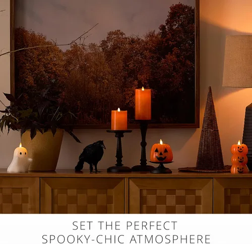 Miniatura 2 de Luminara Vela LED parpadeante sin llama, funciona con pilas con función de temporizador, pilar naranja rojizo de 3 x 6.5 pulgadas, cera real, sin