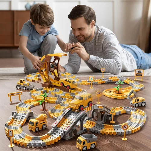 Miniatura 6 de iHaHa 299 piezas de pistas de carreras de construcción para niños, 6 piezas de autos de ingeniería y pista de carreras flexible crea un camino