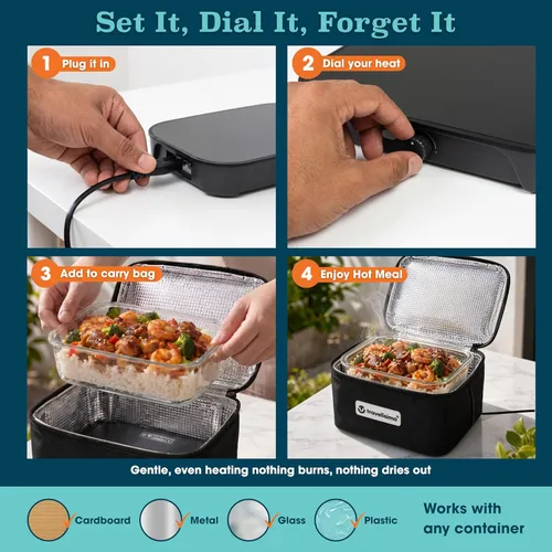 Miniatura 4 de TRAVELISIMO Microondas portátil, calentador de alimentos portátil para uso en el trabajo y el hogar, caja de almuerzo con calefacción 12V/24V/110V