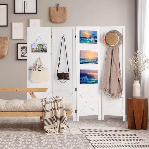 Miniatura 2 de Wnutrees Tablero de clavijas de 4 paneles, pantallas de privacidad plegables de madera de 5 pies, divisor de habitación, tablero portátil Blanco