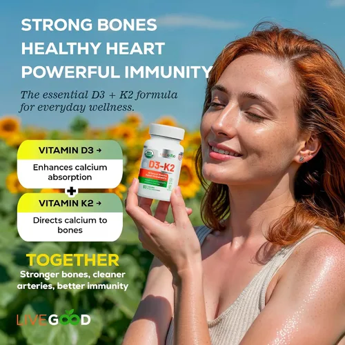 Miniatura 4 de LIVEGOOD Suplemento orgánico D3 K2 de 2000 UI, cápsulas veganas con MK-7, vitamina D3 pura con K2 para el sistema inmunológico y apoyo óseo